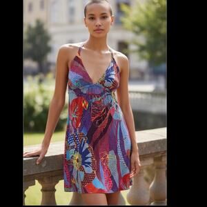 JOSIE NATORI Tropical Flowy Spaghetti Strap Mini Dress Multicolor, Size Medium